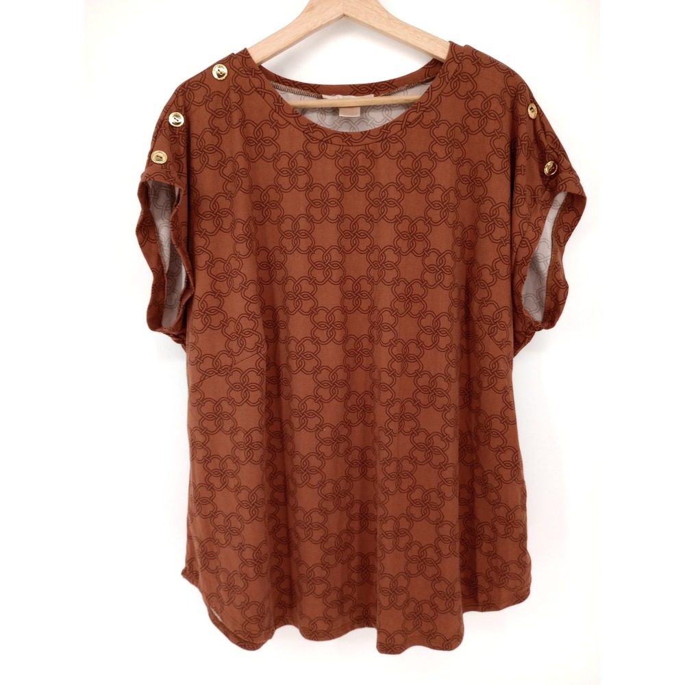 Coco & Shay Top Women 1X Brown Geometric Gold Button Accents